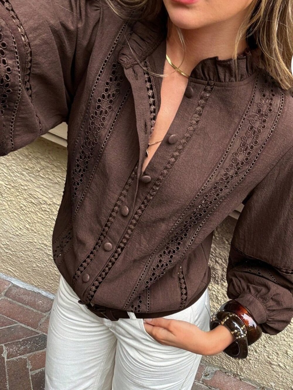 Coffee Brown Women's Casual 100%Cotton Shirt With Embroidery